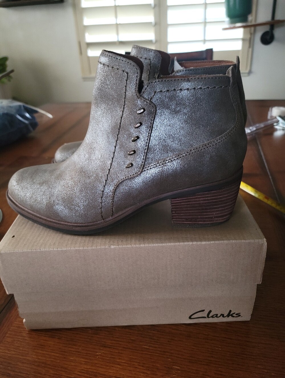Clarks Metallic Taupe Leather Ankle Booties